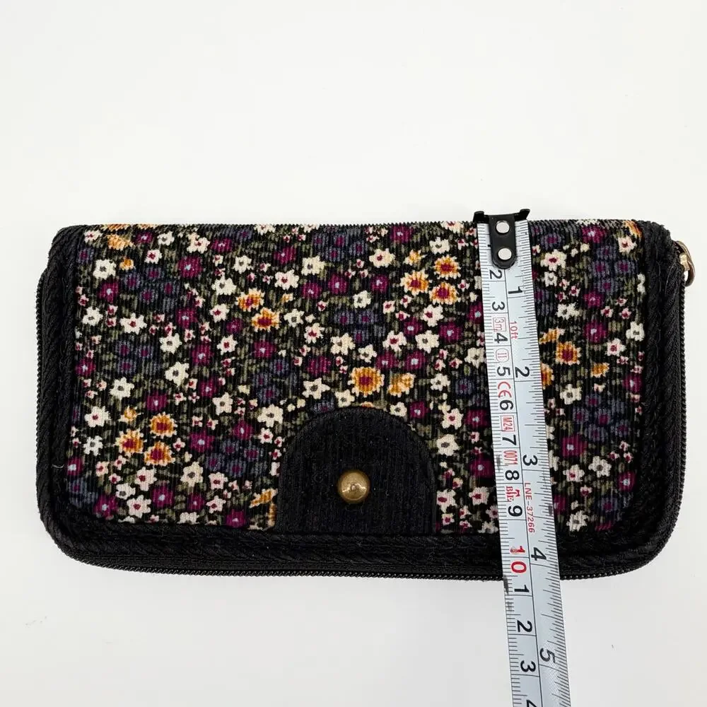 LEI Floral Zip Around Wallet Clutch Black Corduroy Organizer Boho Cottagecore